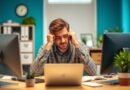 Illustration of an employee at home after work, overwhelmed by work notifications and repetitive thoughts about deadlines.