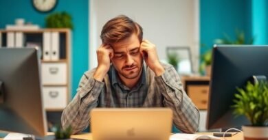 Illustration of an employee at home after work, overwhelmed by work notifications and repetitive thoughts about deadlines.