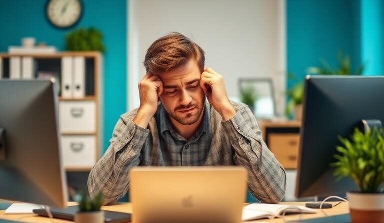 Illustration of an employee at home after work, overwhelmed by work notifications and repetitive thoughts about deadlines.